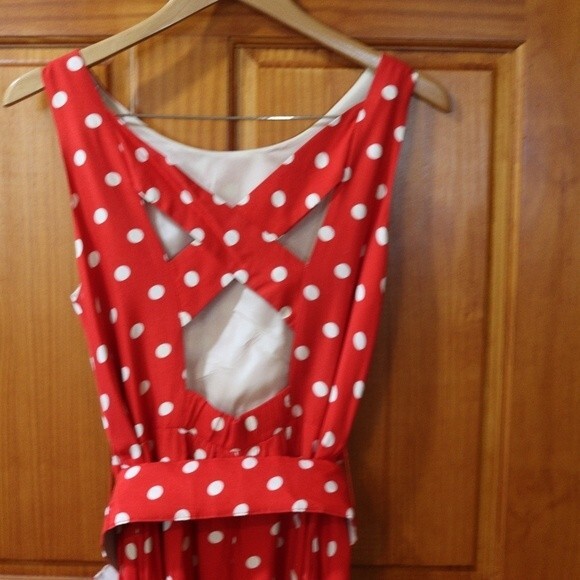 Studio LA Vintage Red & White Polka Dot Belted Pin Up Open Back Dress 10 - Picture 5 of 16